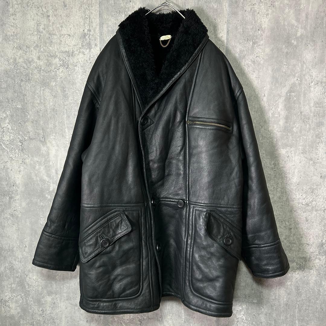 極上 イタリア製 リアル ムートン コート 黒 本革 shearling