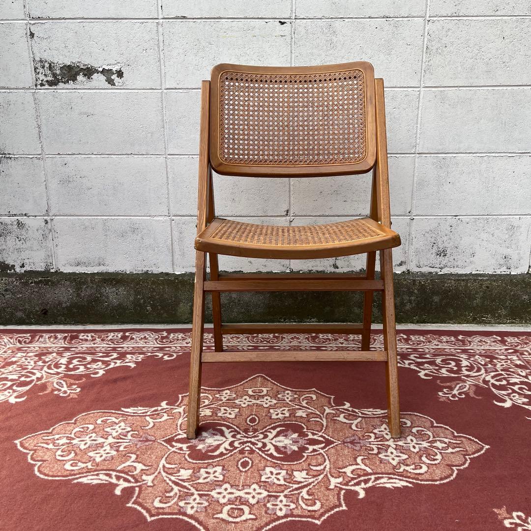 古家具ビンテージ品◾️籐ラタンパネル×木製フレーム 折りたたみ椅子 チェア B