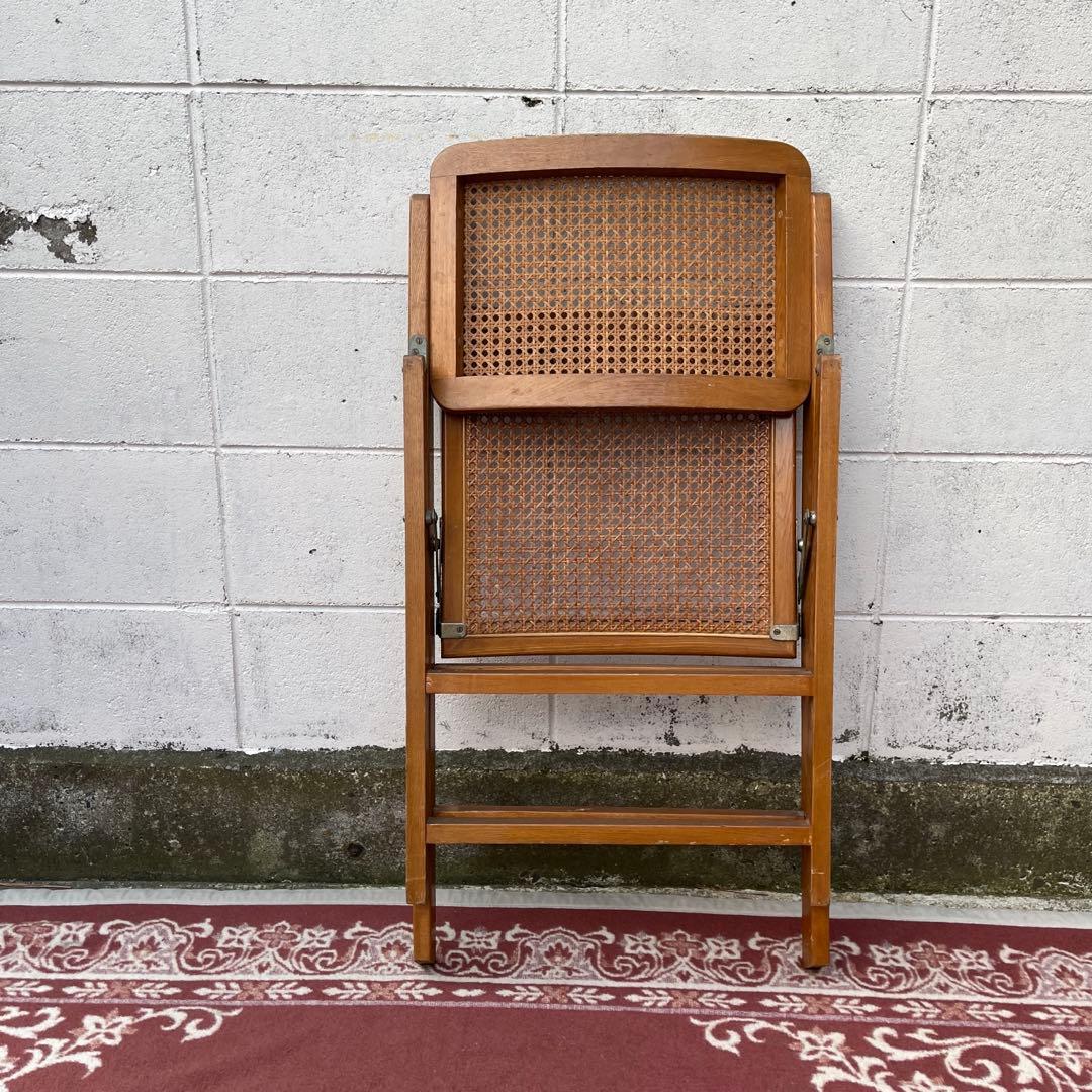 古家具ビンテージ品◾️籐ラタンパネル×木製フレーム 折りたたみ椅子 チェア B