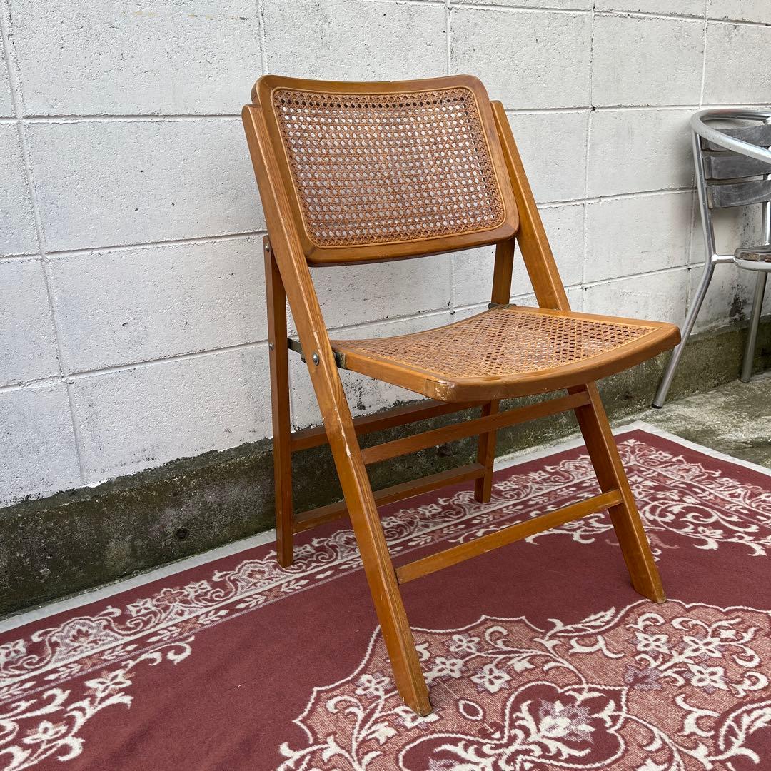 古家具ビンテージ品◾️籐ラタンパネル×木製フレーム 折りたたみ椅子 チェア B