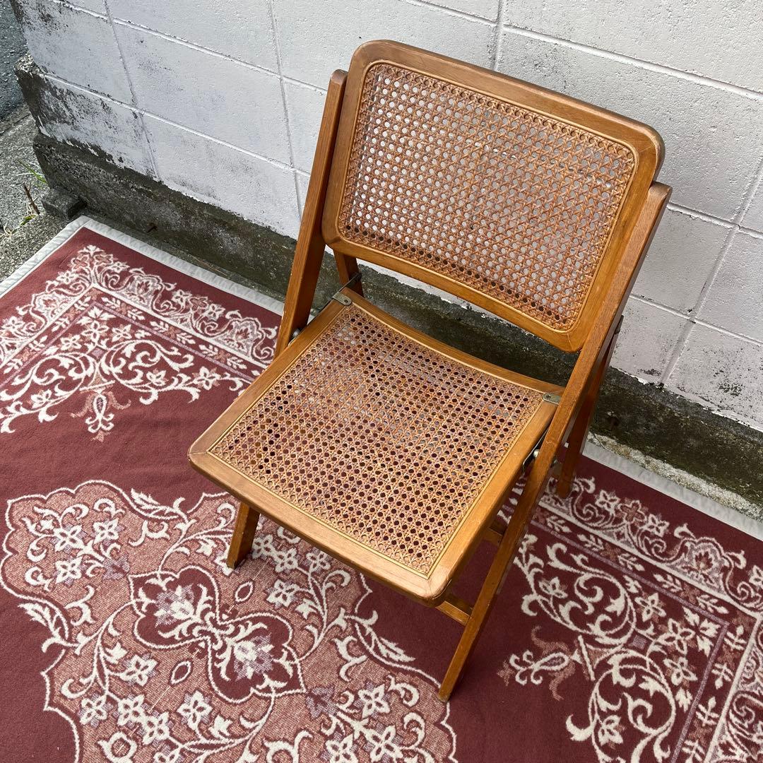 古家具ビンテージ品◾️籐ラタンパネル×木製フレーム 折りたたみ椅子 チェア B