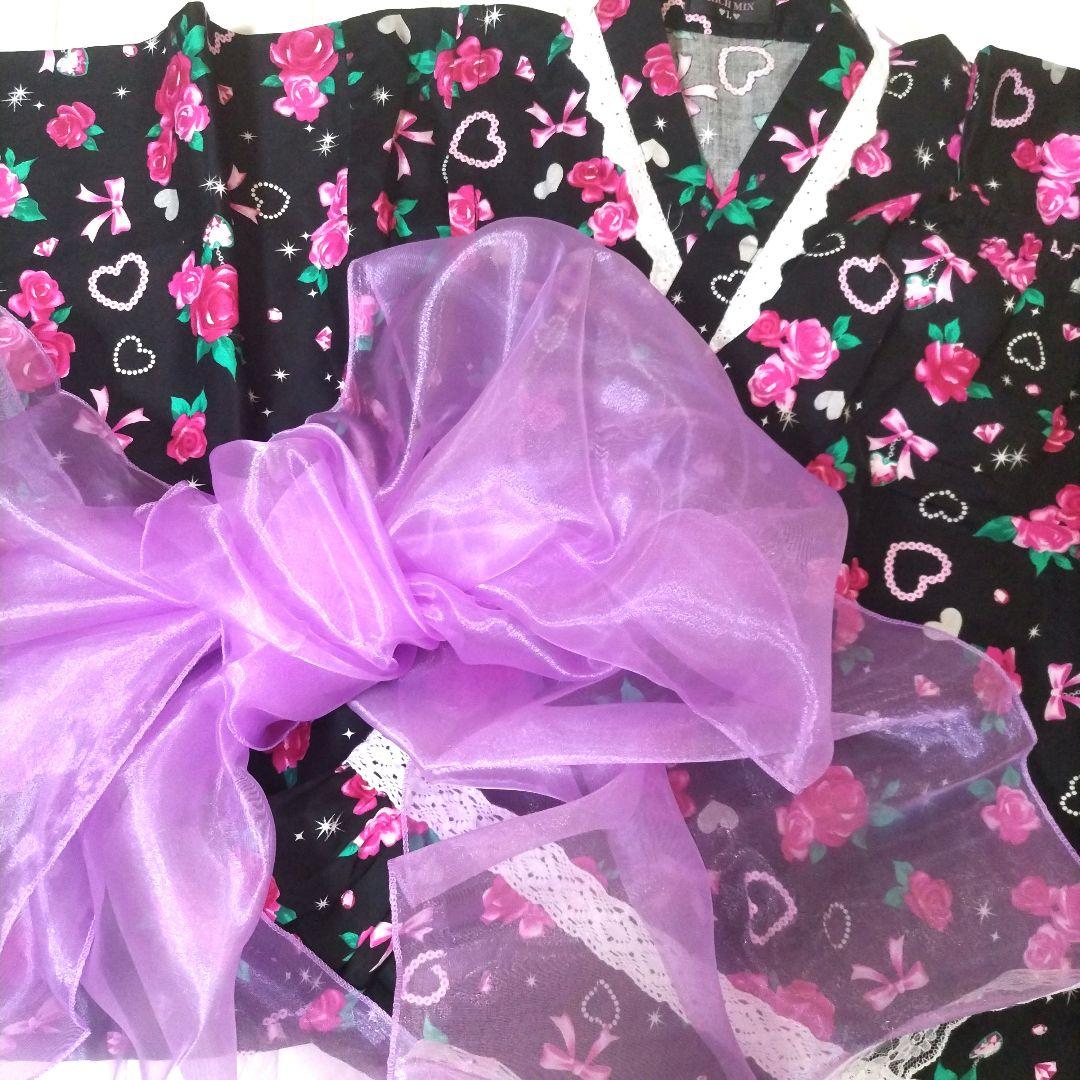 【150】帯付き 浴衣 ドレス 黒 ピンク 地雷 姫ギャル 平成 量産 160