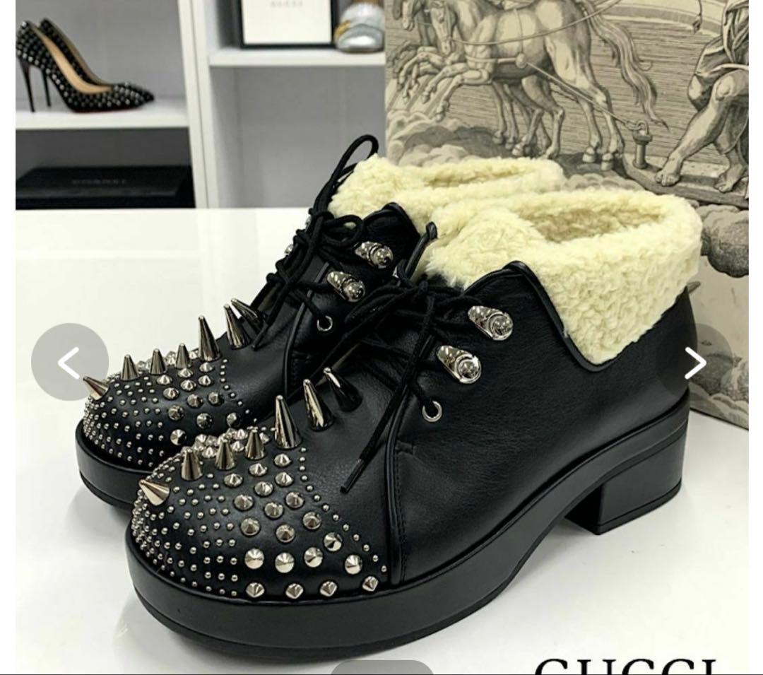 【新品未使用】GUCCI レザー ムートン スタッズ レースアップ ブーツ