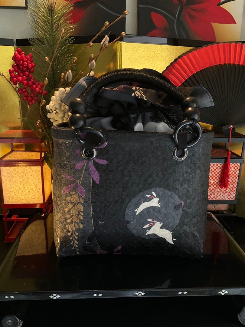 一閑張り　一閑張りバッグ　籠バッグ　和紙　花絵柄　着物　兎　京友禅　藤