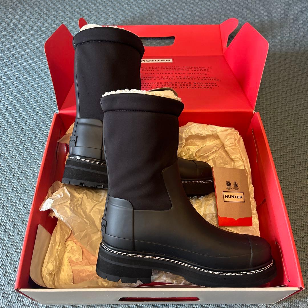 HUNTER ブラックラバーブーツ ファー付き