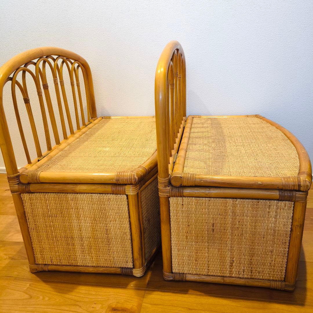 【2個セット】古家具 ビンテージ 籐 オールドラタン 収納型 ボックスベンチ