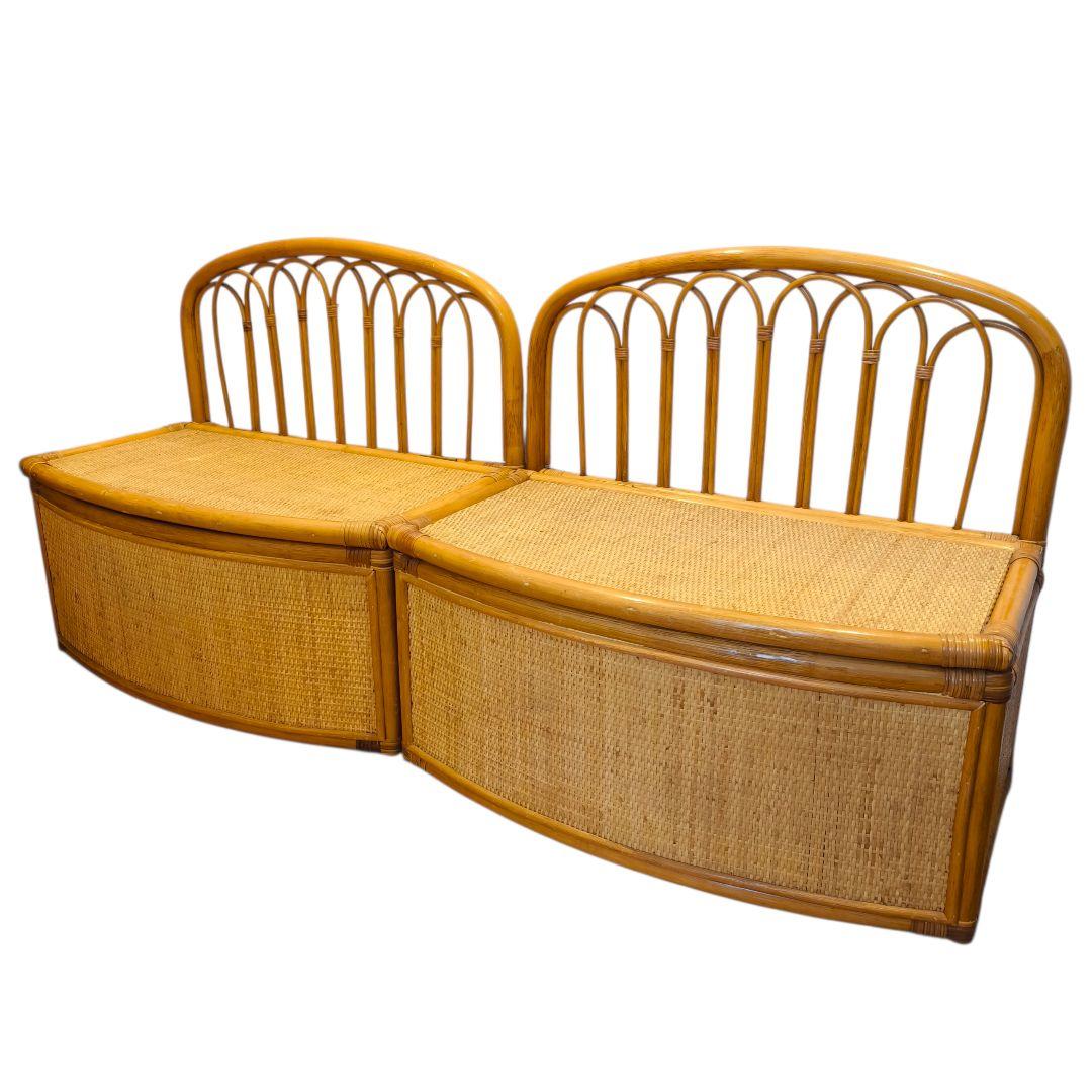 【2個セット】古家具 ビンテージ 籐 オールドラタン 収納型 ボックスベンチ