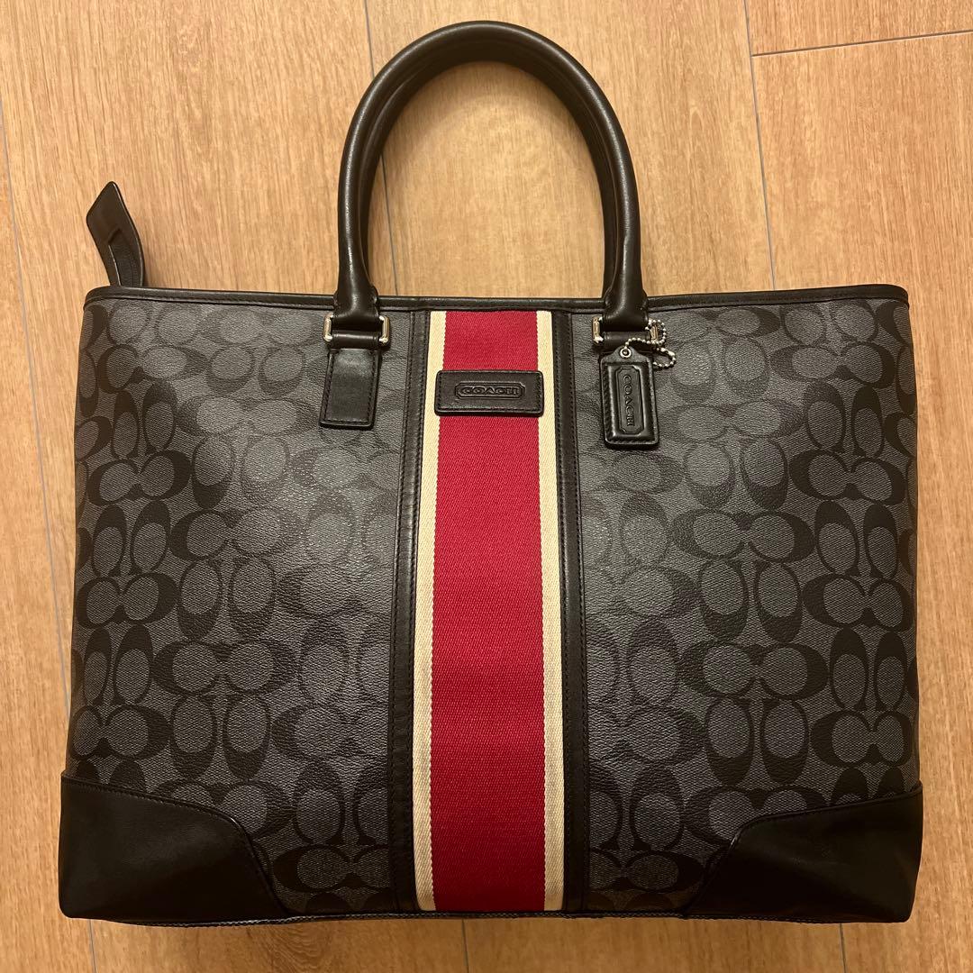 Coach トートバッグ ブラック/レッド ストライプ