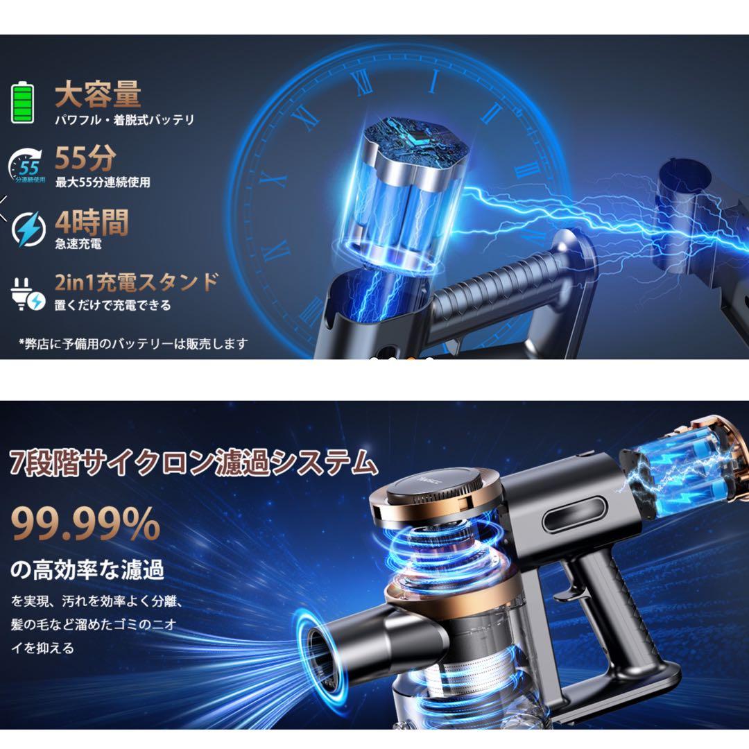 掃除機 コードレス 超強力吸引 75Kpa 最軽量 自立式 グリーンLED