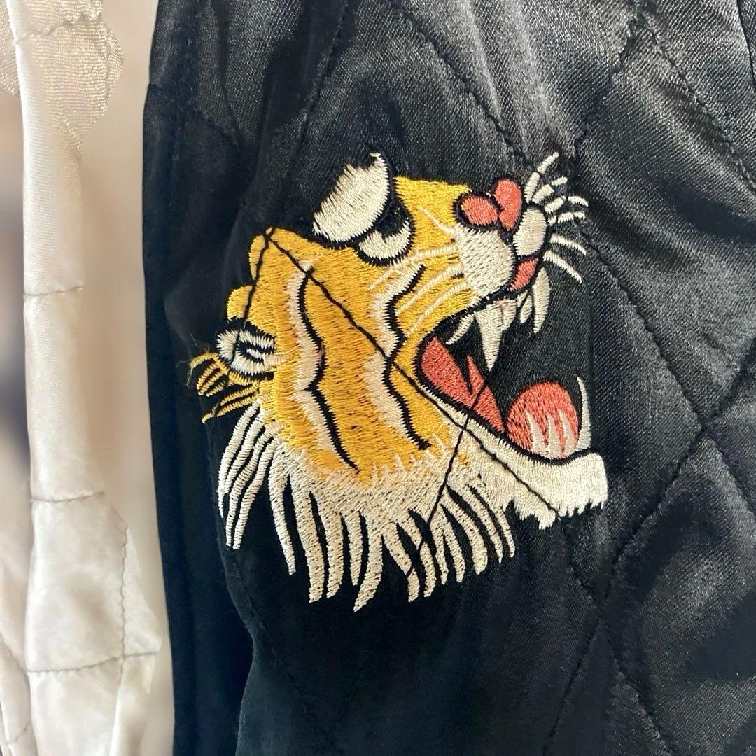 ヒューストン スカジャン Mサイズ 虎 刺繍 キルティング 黒×ベージュ 顔虎