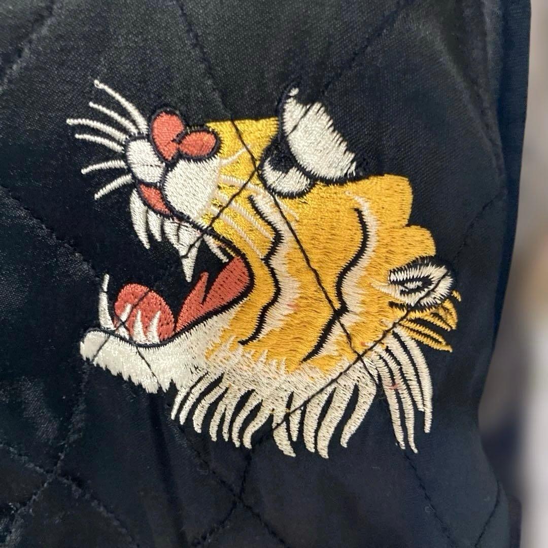 ヒューストン スカジャン Mサイズ 虎 刺繍 キルティング 黒×ベージュ 顔虎