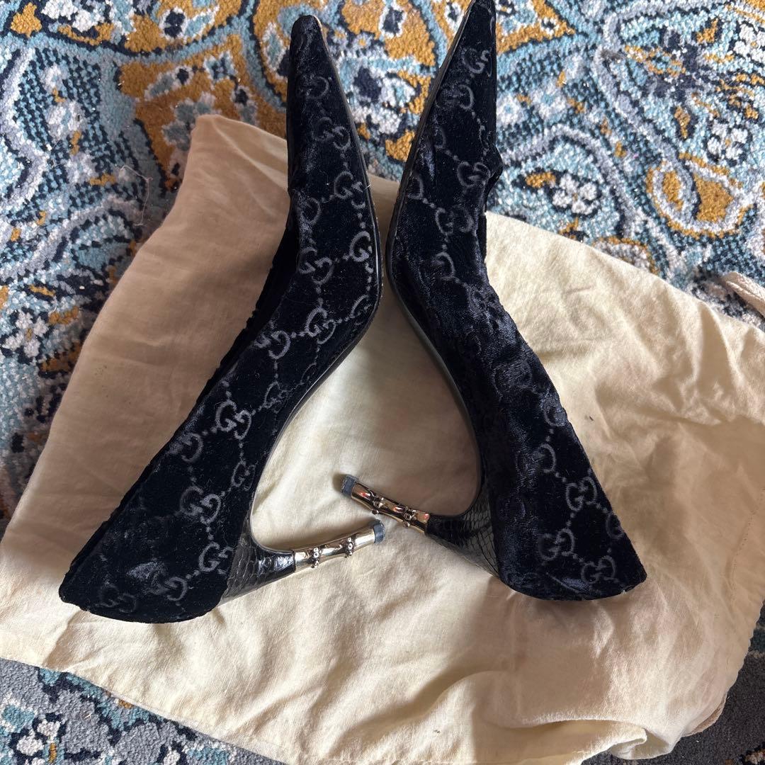 グッチ パンプス 35ハーフ　約22.5cm ベルベット バンブー ヒール　レア
