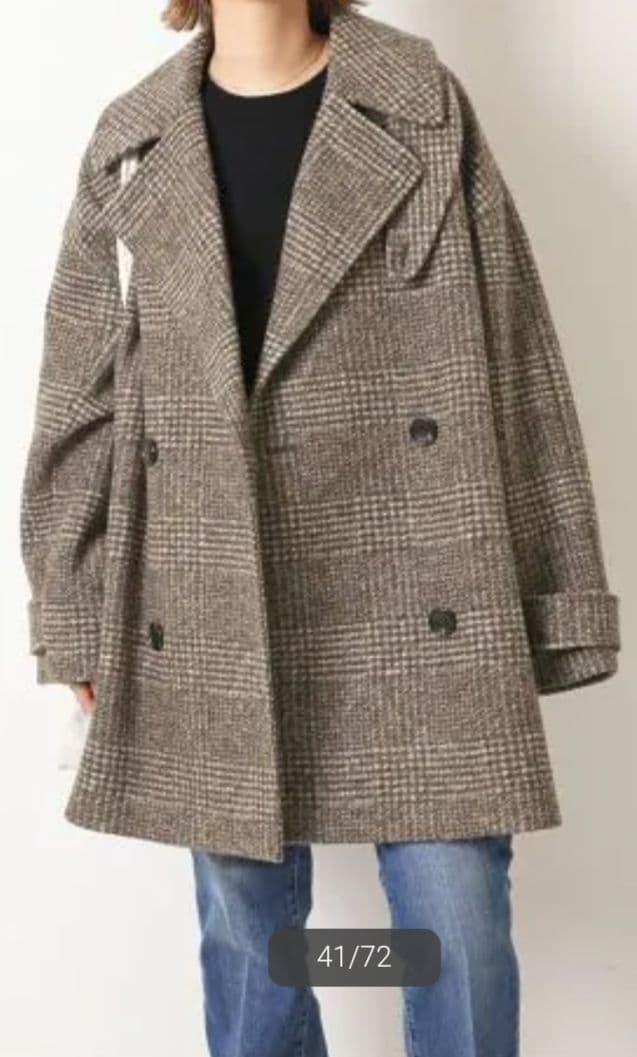 スピックアンドスパンＷスライバーチェックハーフコートブラウンM