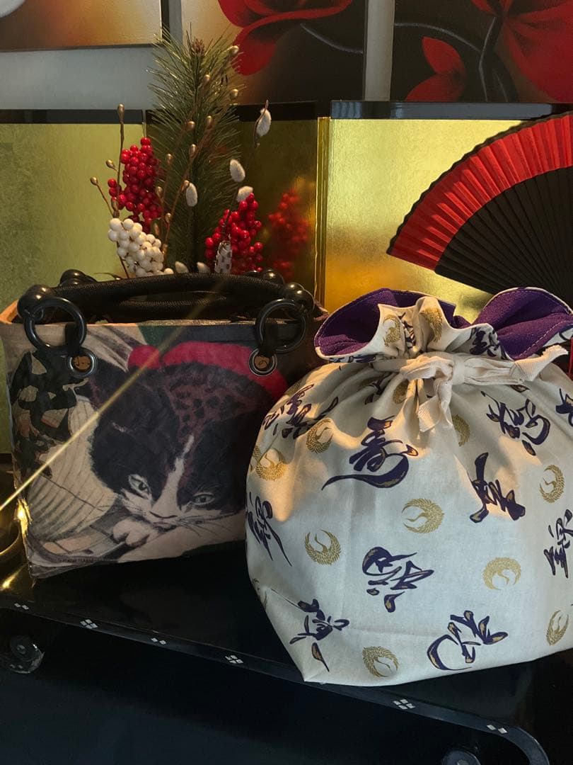 一閑張り　一閑張りバッグ　古文書　和紙　大正　着物　竹籠　小林清親　猫と提灯