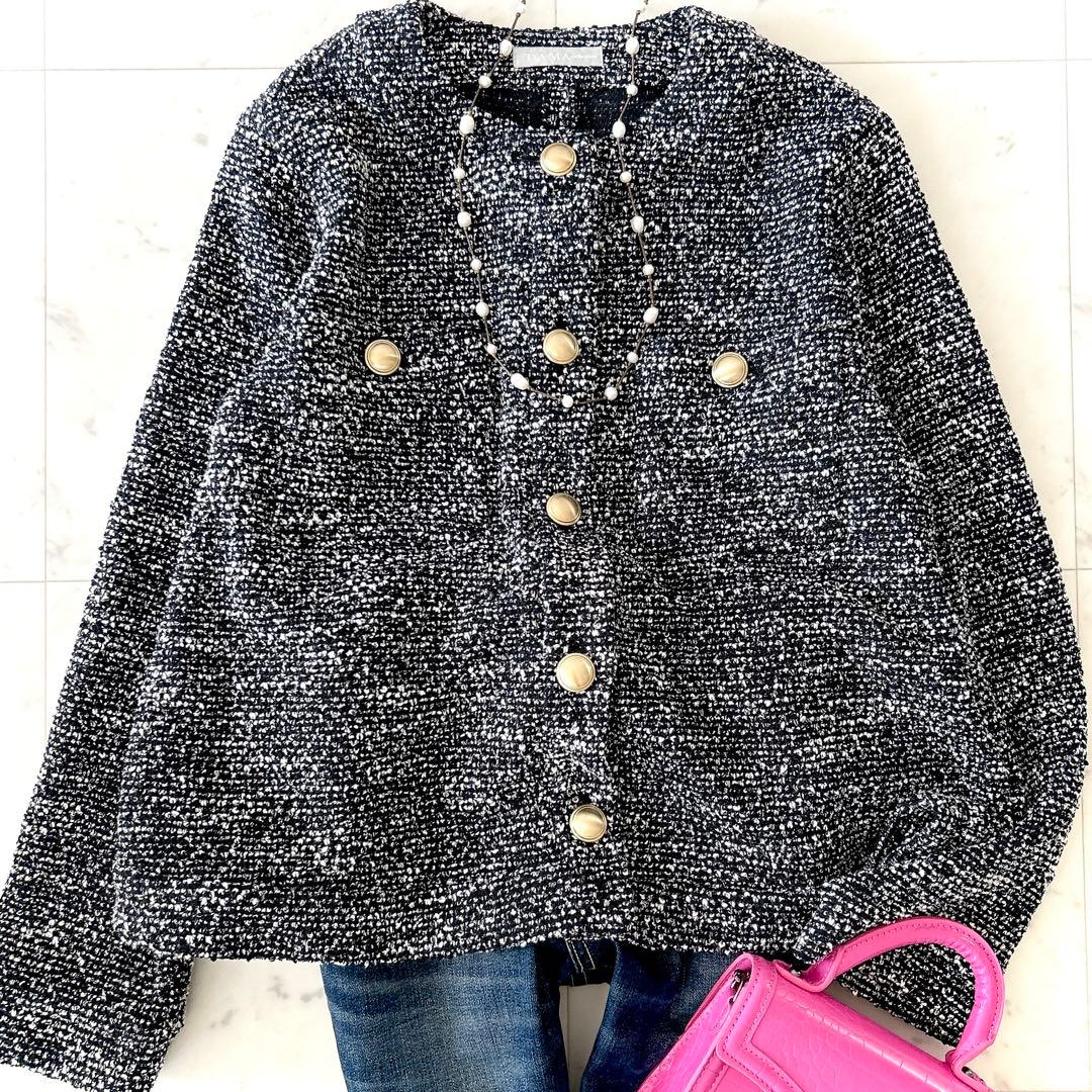 美品 ダーマコレクション 大きいサイズ ツイード ニットカーディガン 金ボタン