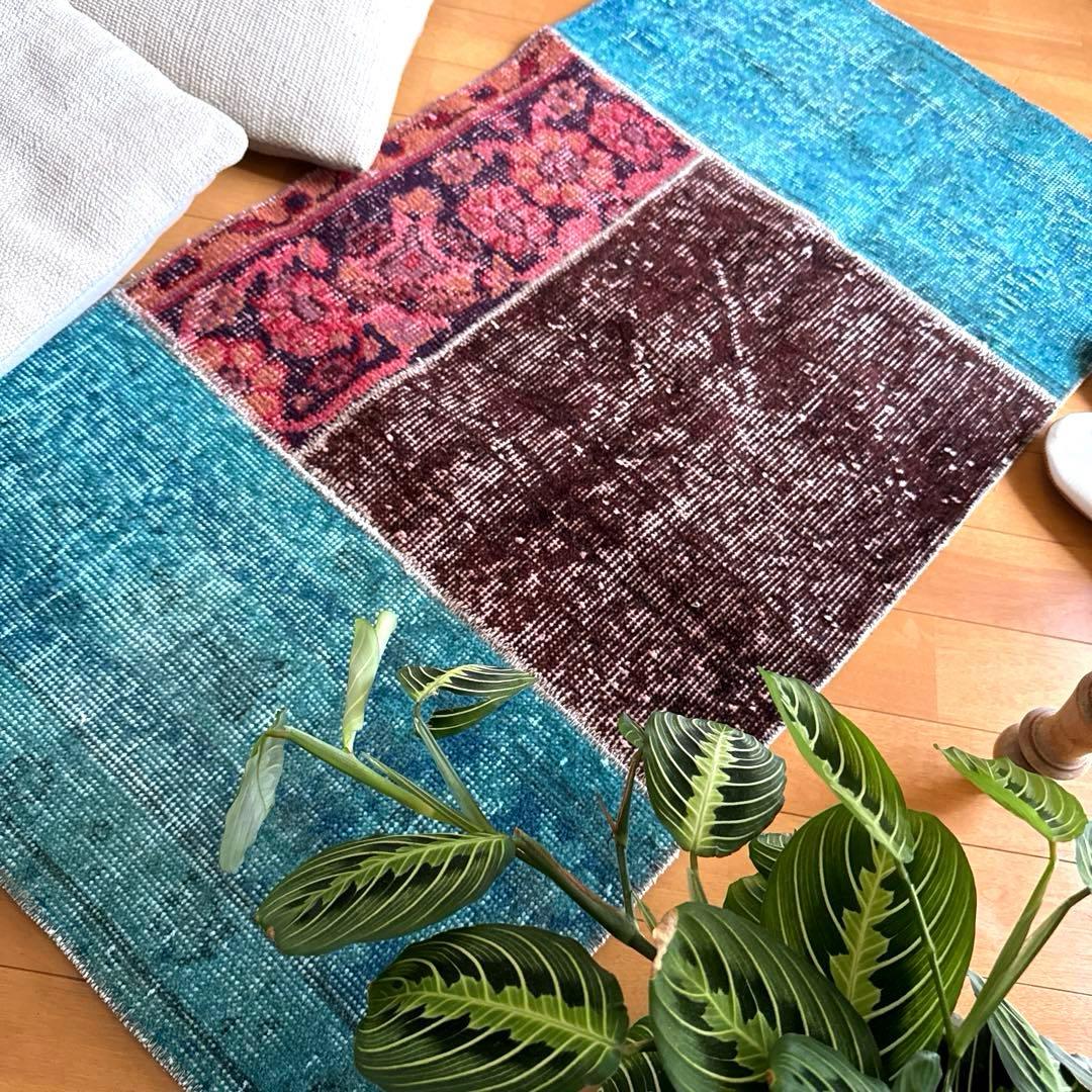 55×103 神秘的ブルー×ブラウン×ボタニカル　トルコヴィンテージラグ