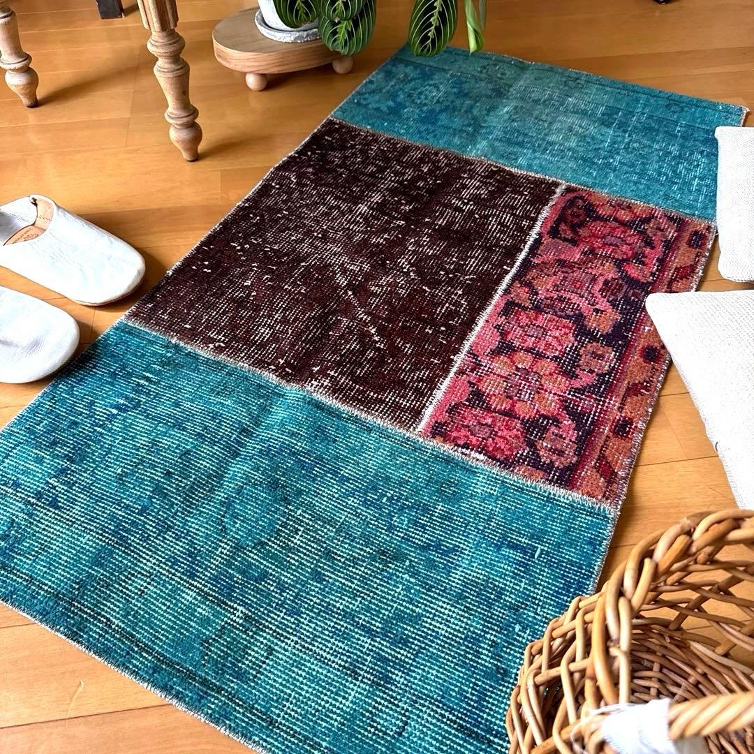 55×103 神秘的ブルー×ブラウン×ボタニカル　トルコヴィンテージラグ