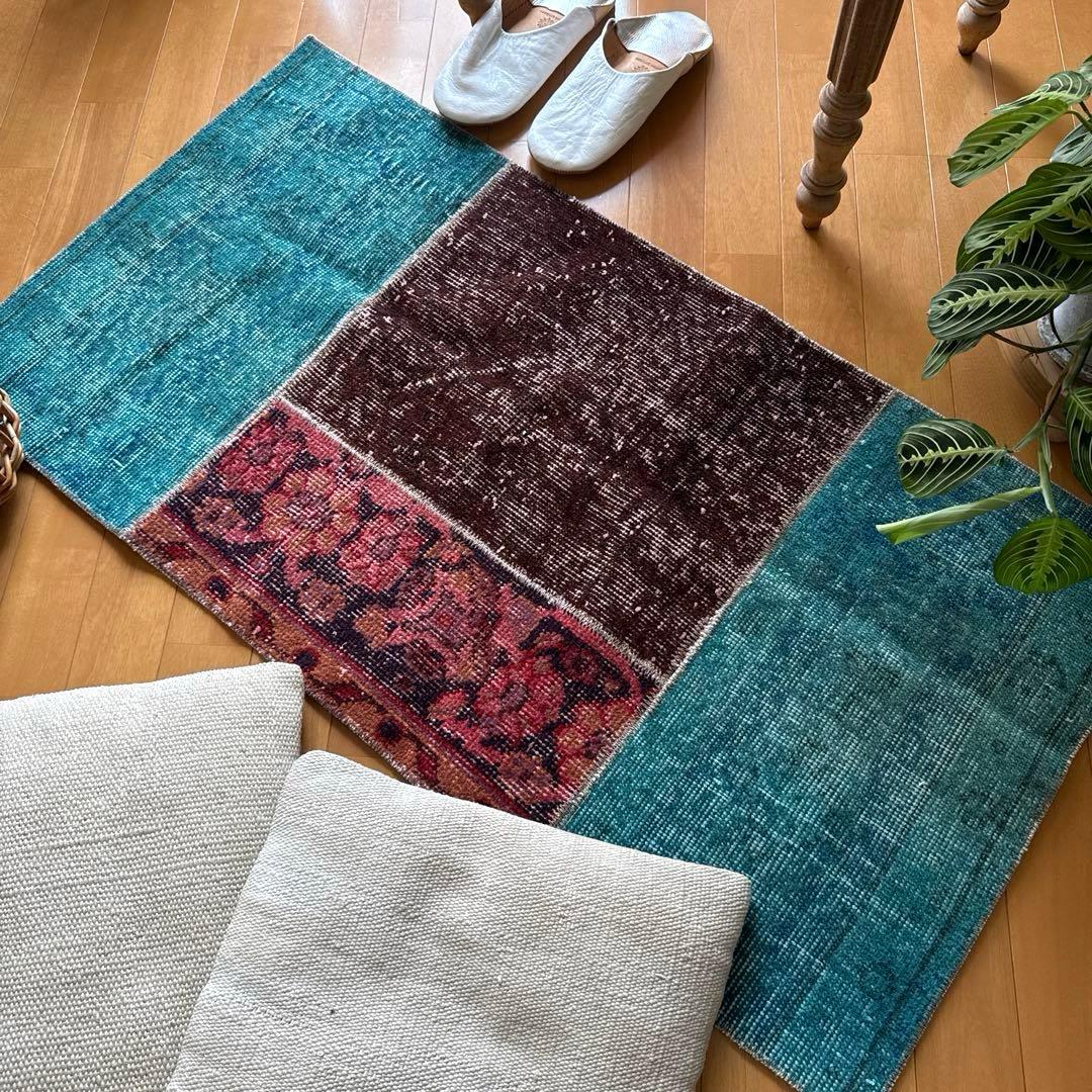 55×103 神秘的ブルー×ブラウン×ボタニカル　トルコヴィンテージラグ