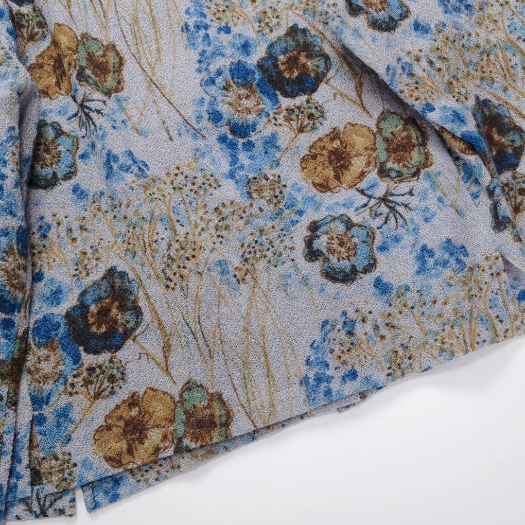 コットンハウスアヤ｜ウールガーゼ 長袖シャツ 水彩フラワー ブルー系 美品