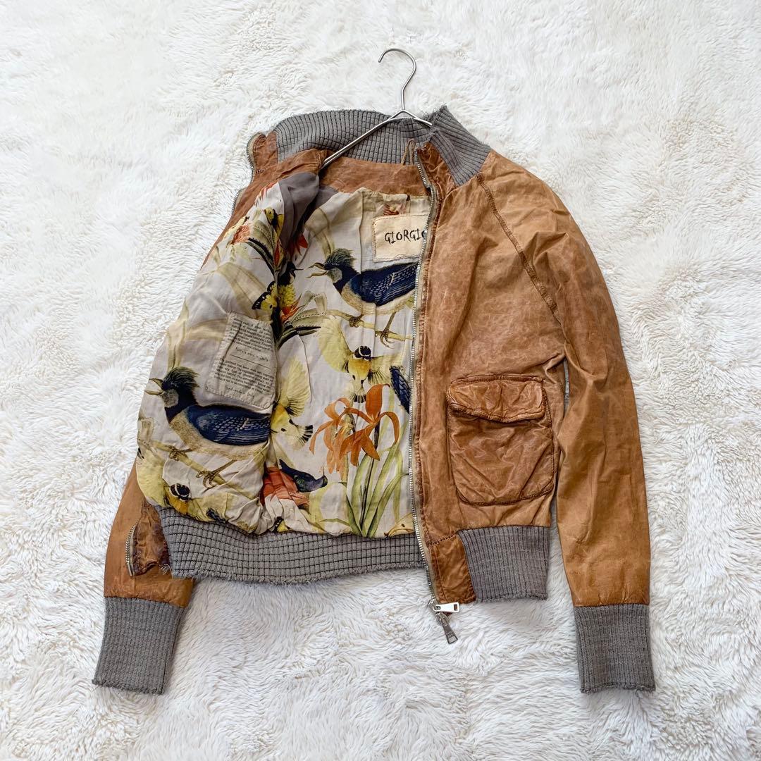 GIORGIO BRATO レザー　ジャケット　袖リブ　鳥　42サイズ　ブラウン