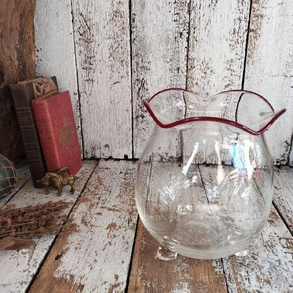 ヴィンテージ ビードロ 吹き硝子 フリル ガラス 三脚 金魚鉢 めだか鉢 気泡