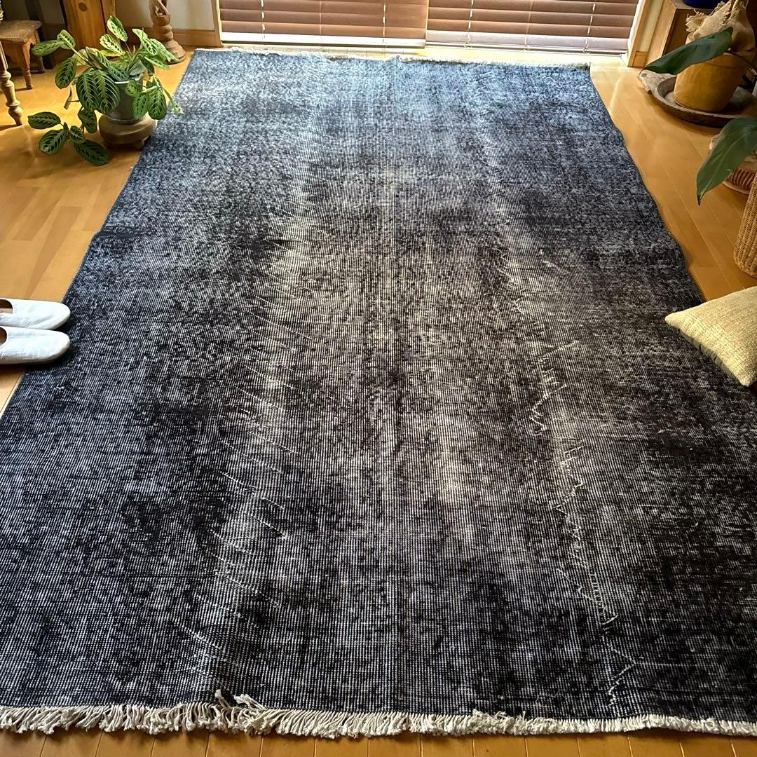 大判157×256レアカラー　ダークネイビーグレイ　擦れ　トルコヴィンテージラグ