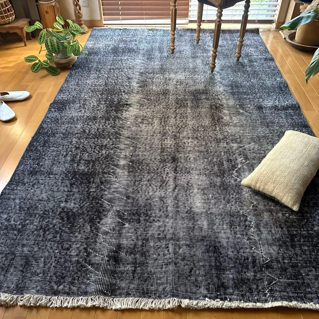 大判157×256レアカラー　ダークネイビーグレイ　擦れ　トルコヴィンテージラグ