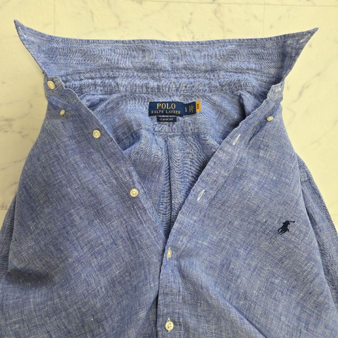 ポロラルフローレン 麻 リネン ブルーシャツ L(XL相当)