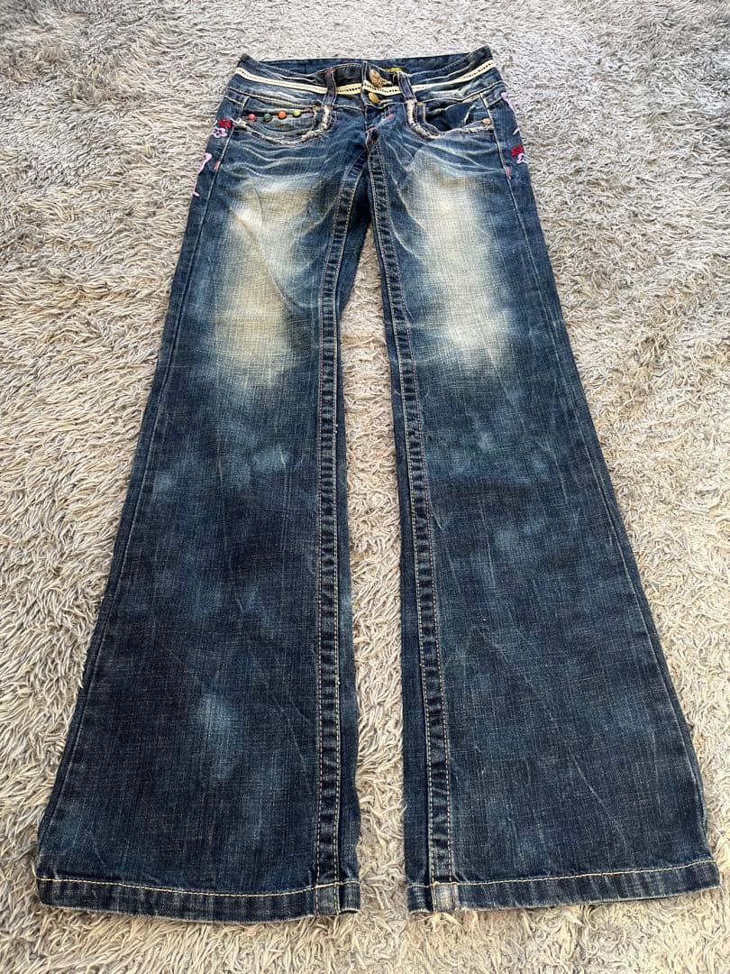 激レア　Y2K red pepper バタフライ刺繍　部分レース　フレアデニム