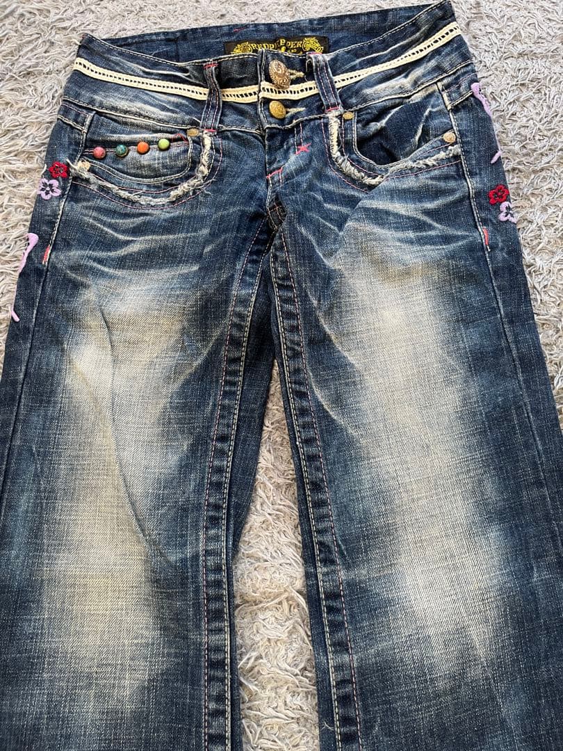 激レア　Y2K red pepper バタフライ刺繍　部分レース　フレアデニム