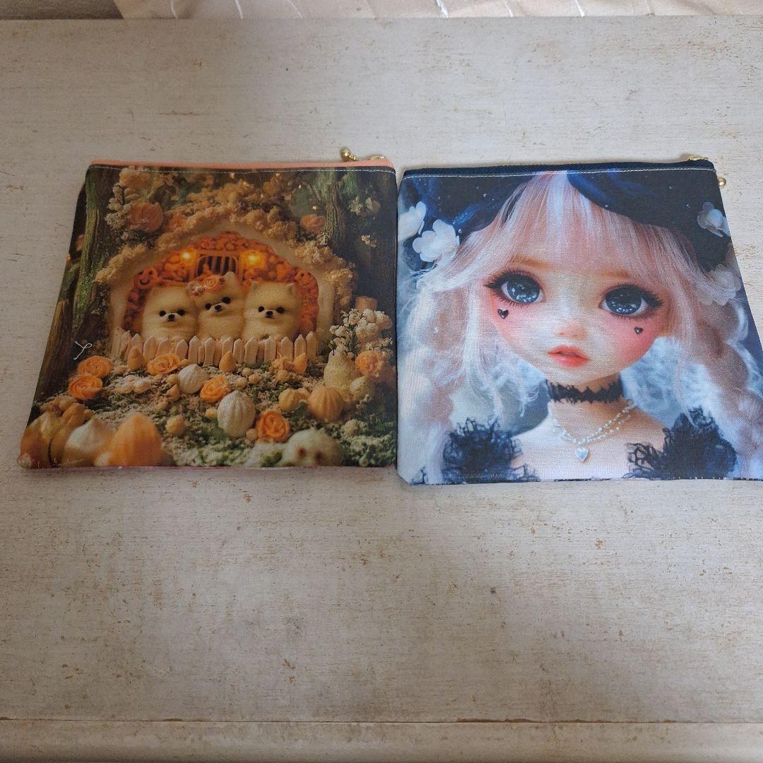 激レアポメラニアンパネル生地　ハンドメイド　フラットポーチ　まちなしバッグ