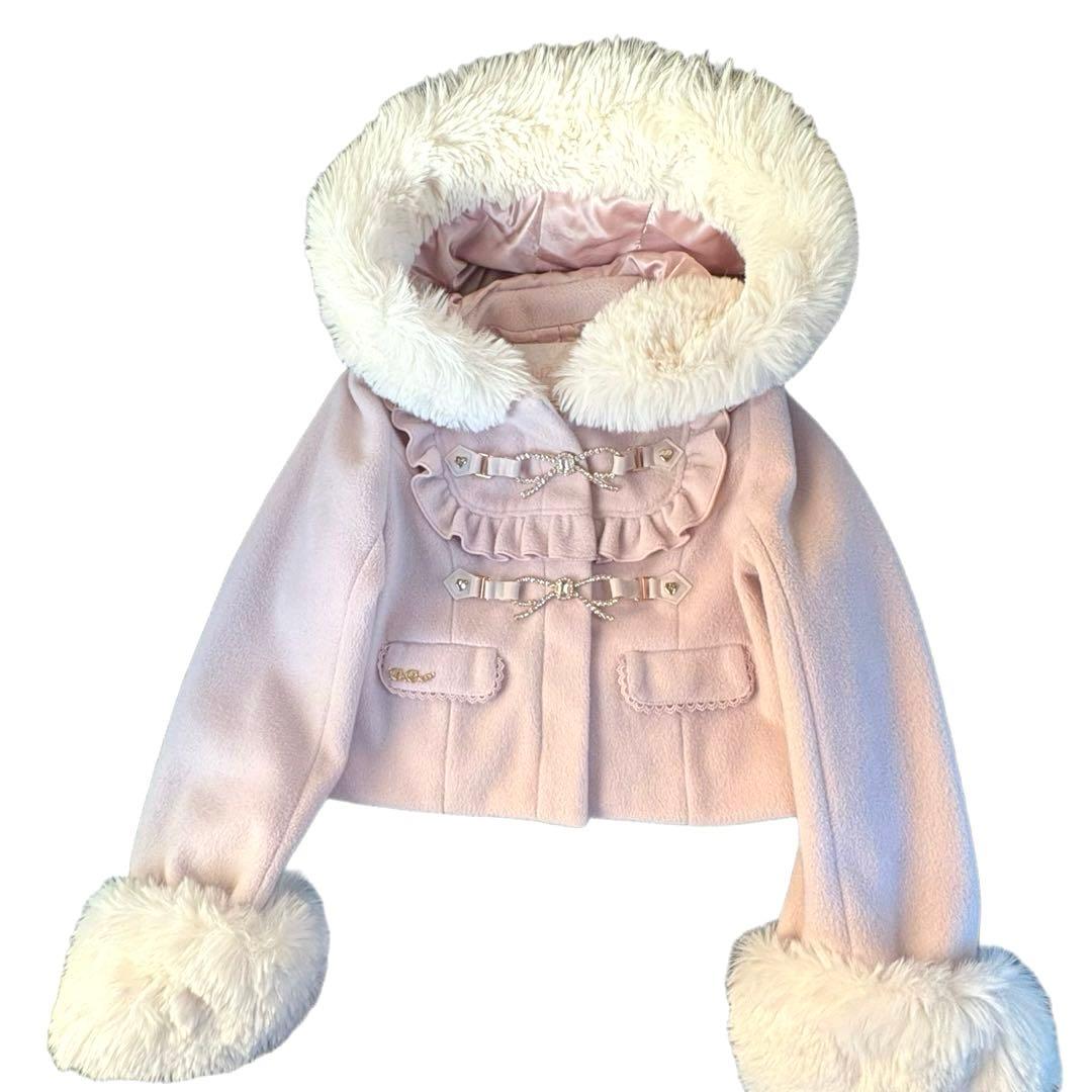 未使用級　LIZLISA ビジューリボンショートフードコートピンク フリーサイズ