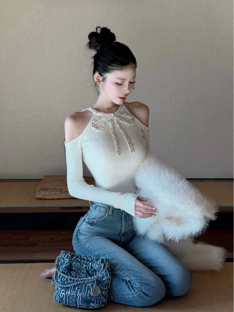 Darich リボンビジューアメスリニットトップス 白 新品未使用