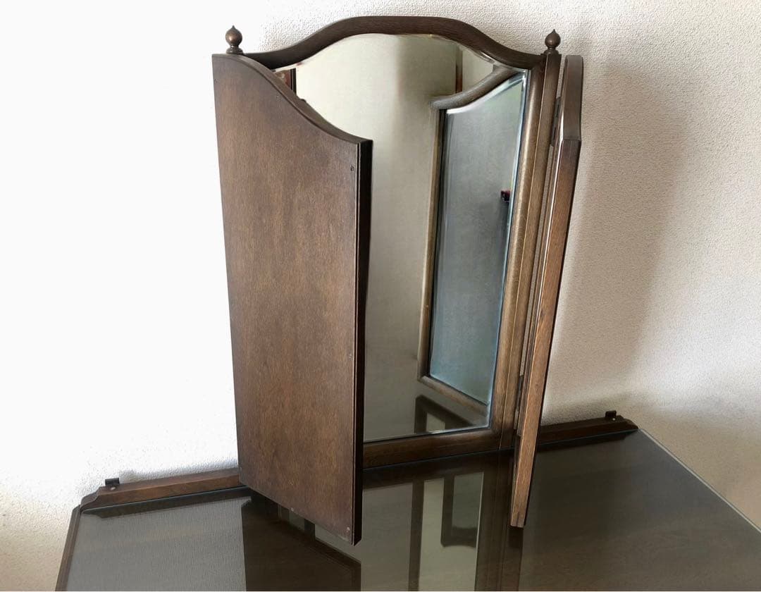 三面鏡 ドレッサー　鏡台　化粧台　ナラ材　天然木　ガラス天板　ヴィンテージ