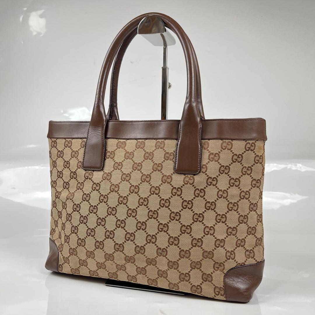【美品】グッチ　トートバッグ　ハンドバッグ　GG柄　キャンバス　レザー　ブラウン