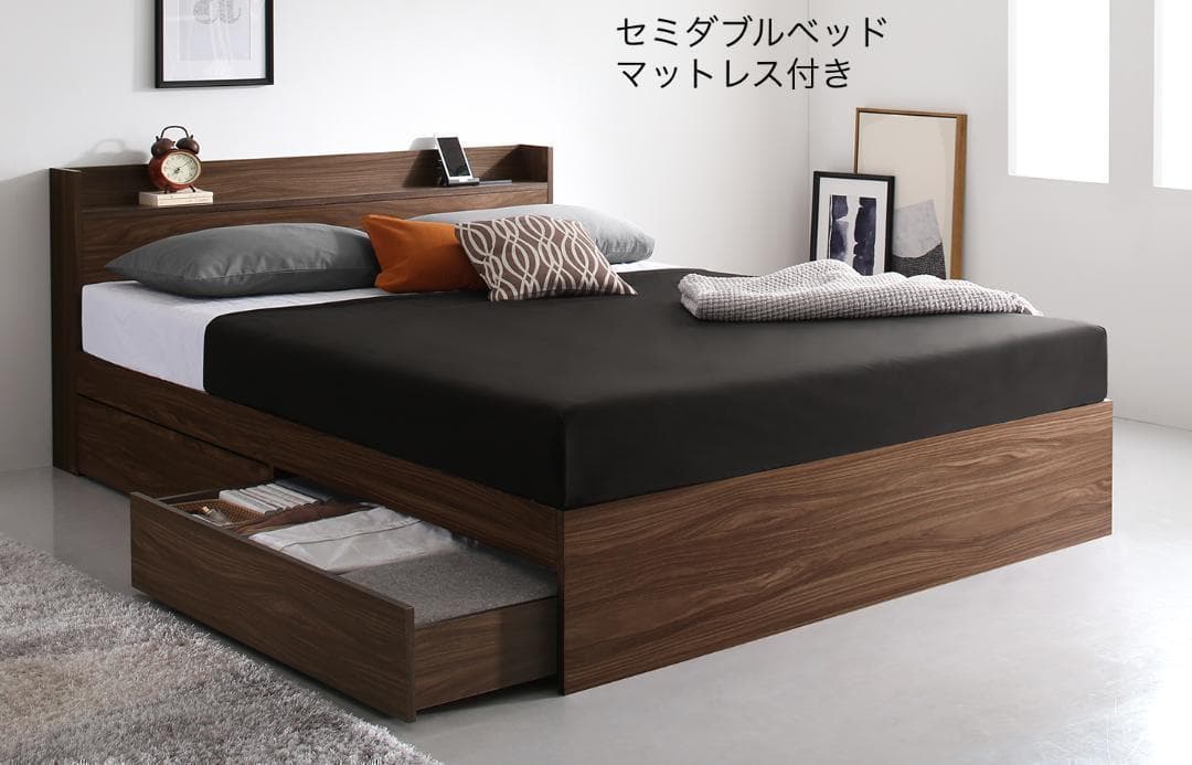 新品 送料込 セミダブルベッド 収納 棚 2口コンセント マットレス付 WB