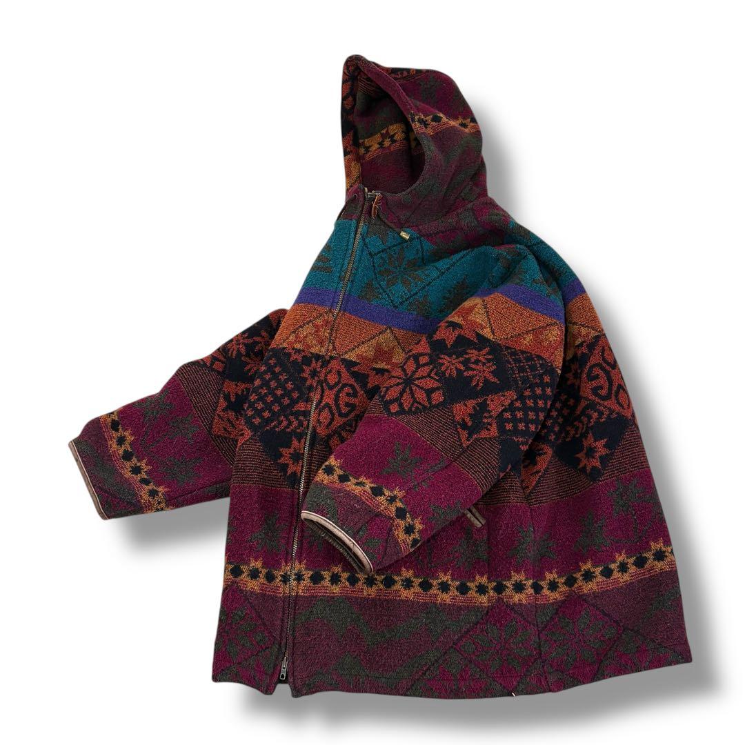 【名作】90s L.L.Bean ネイティブ柄 ウールジャケット フード付 L