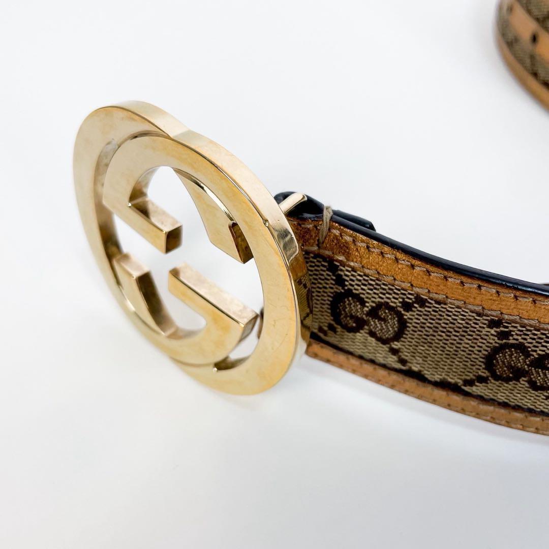 美品✨ グッチ ベルト インターロッキング GGキャンバス レザー ゴールド金具