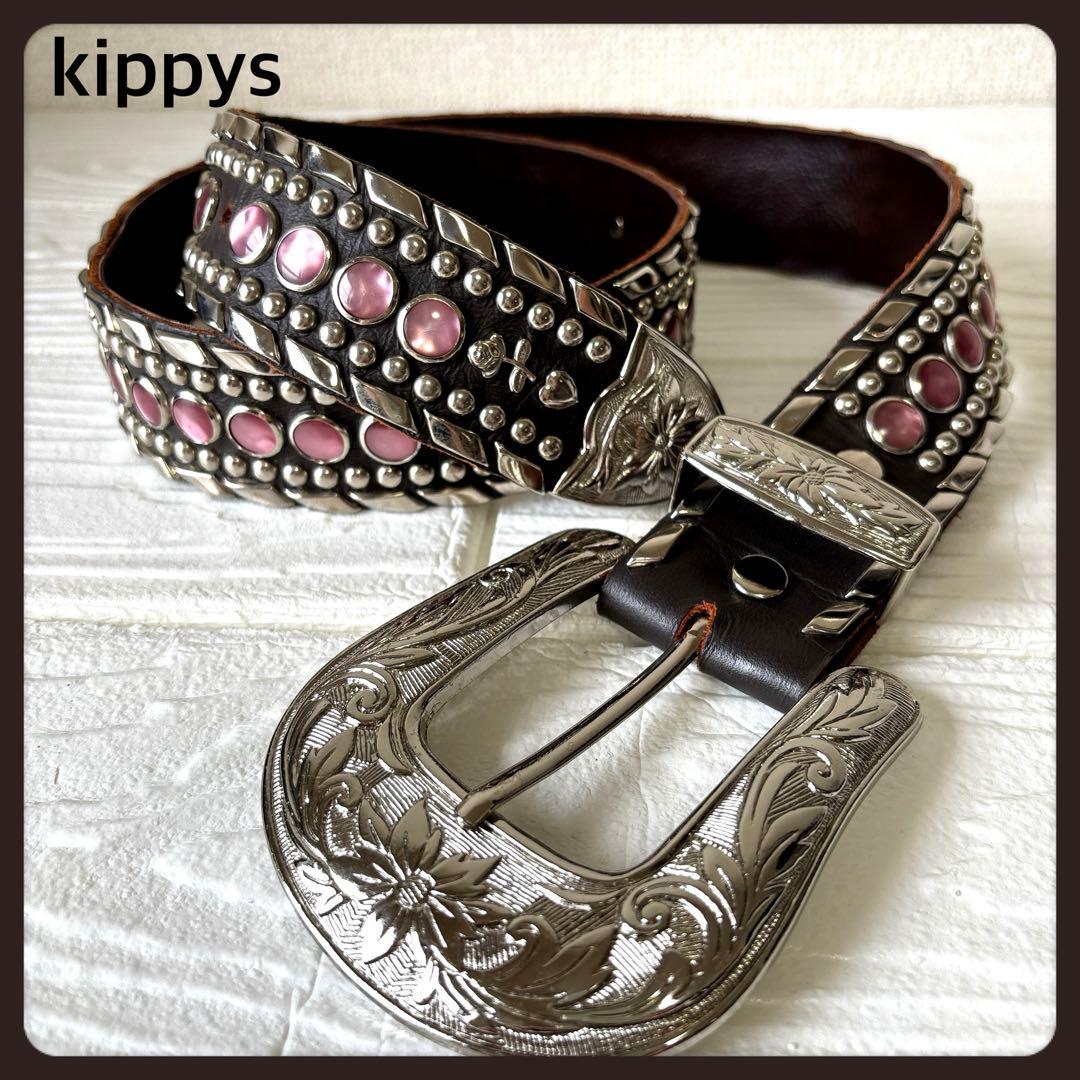 高級✨Kippys スワロフスキー スタッズ 装飾 ブラウンレザーベルト ピンク