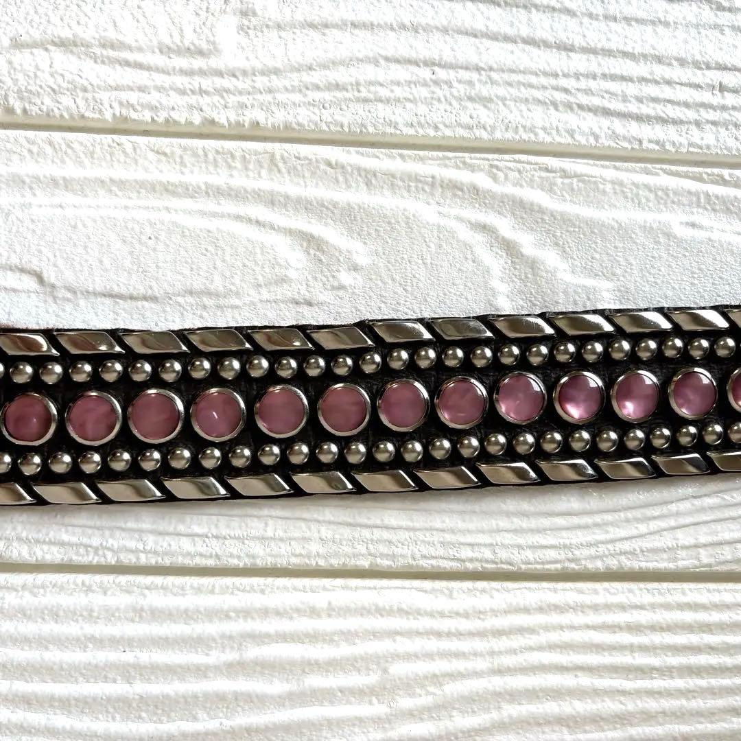 高級✨Kippys スワロフスキー スタッズ 装飾 ブラウンレザーベルト ピンク