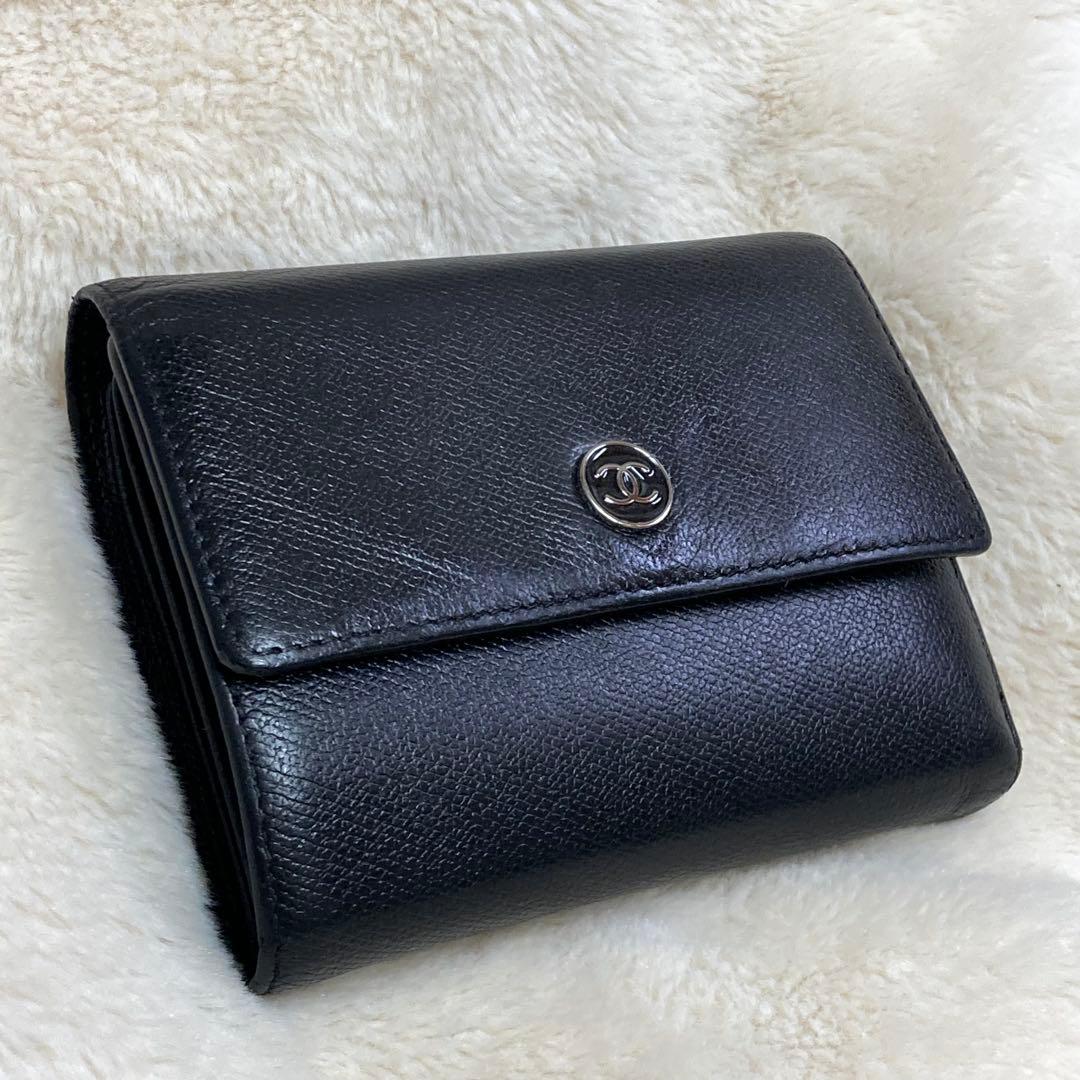 【美品】 CHANEL シャネル 三つ折り財布 レザー ブラック ココボタン