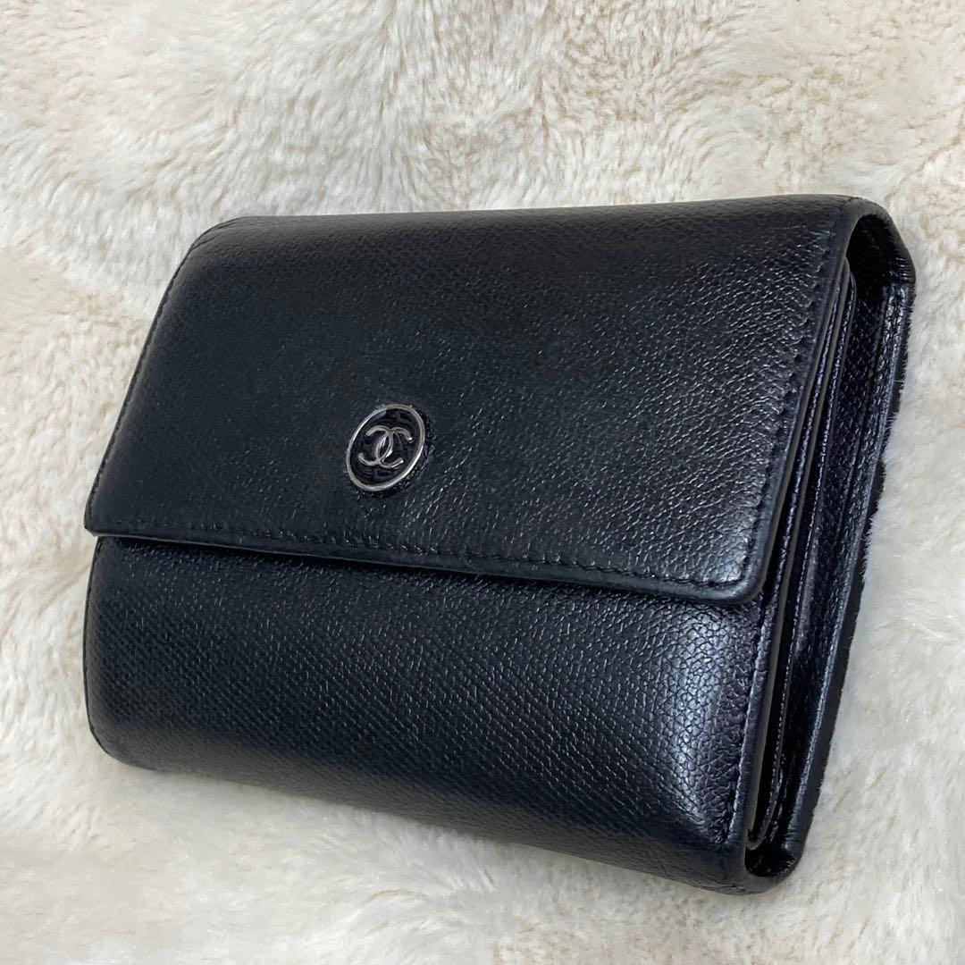 【美品】 CHANEL シャネル 三つ折り財布 レザー ブラック ココボタン