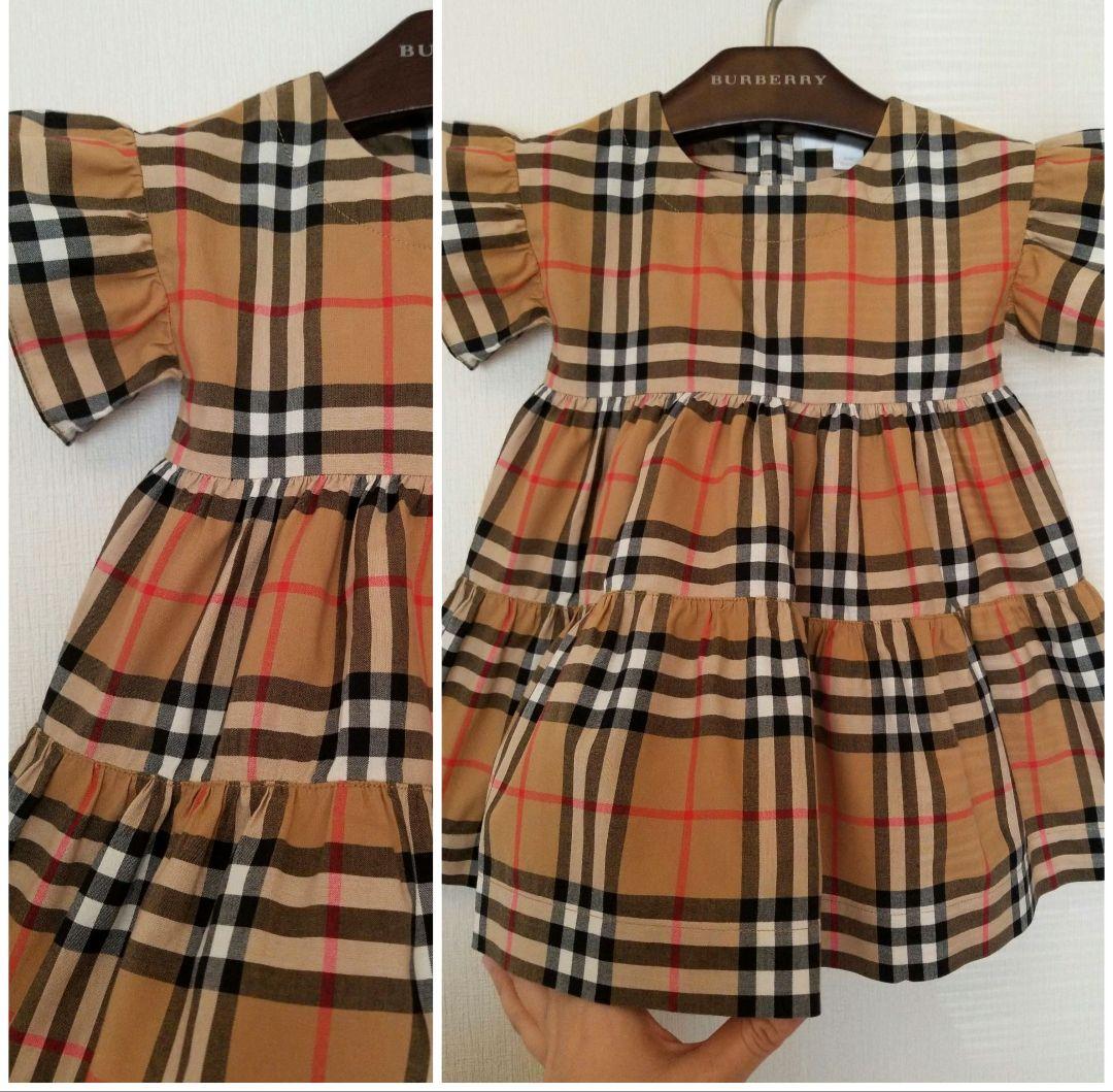 バーバリーチルドレンワンピース 未使用近 ノバチェック 茶 半袖 フリル美品