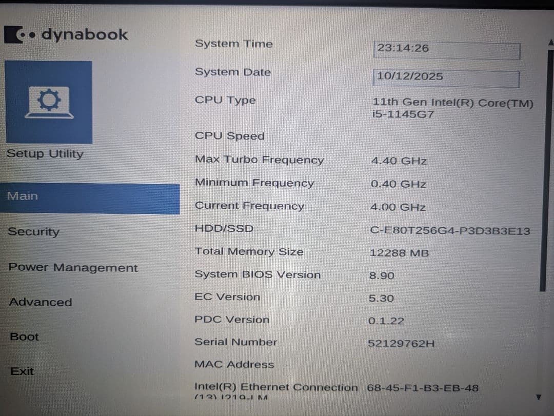 Windowsノート本体 Dyabook G83/HU i5-1145G7 SSD256GB 12GB