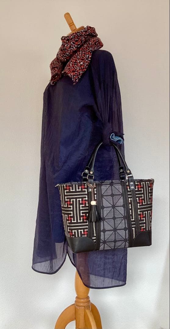 秋名バラ 大島紬 ×本革 着物リメイク トートバッグ 和装バッグ ハンドメイド