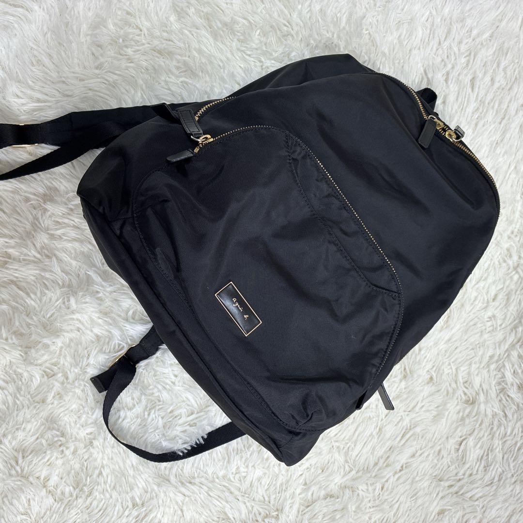 アニエスベー リュックサック A4大容量 ナイロン 黒 ロゴプレート ゴールド