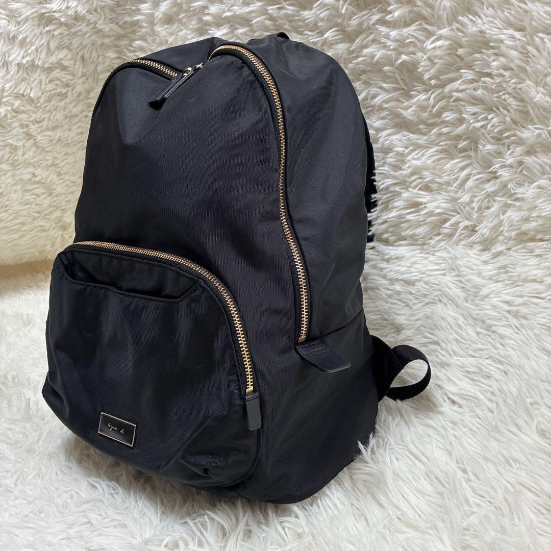 アニエスベー リュックサック A4大容量 ナイロン 黒 ロゴプレート ゴールド
