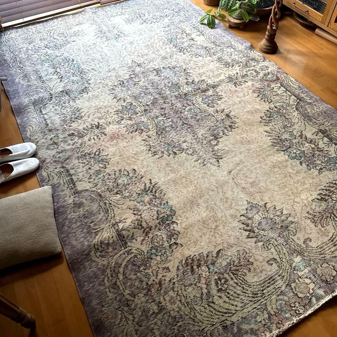 超大判169×274レアくすみラベンダー×クリーム　トルコヴィンテージラグ