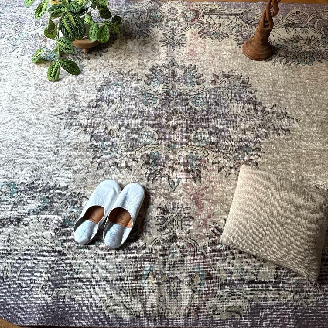 超大判169×274レアくすみラベンダー×クリーム　トルコヴィンテージラグ