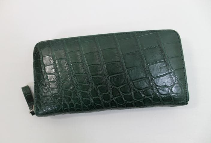 クロコダイル 長財布 財布 本物 グリーン 緑 マット仕上げ ラウンドファスナー